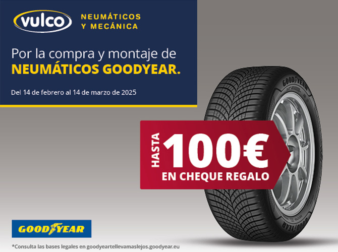 Consigue un cheque regalo de hasta 100€ por la compra y montaje de neumáticos Goodyear entre el 14 de febrero al 14 de marzo.